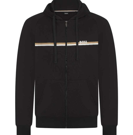 BOSS Mens Zip Up Hooded Top Hugo Boss Stripe Logo Cotton Terry Hoodie in Black