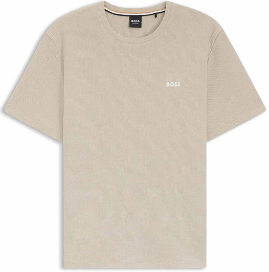 Boss Mens T-Shirt Waffle Structure Cotton Tee in Beige