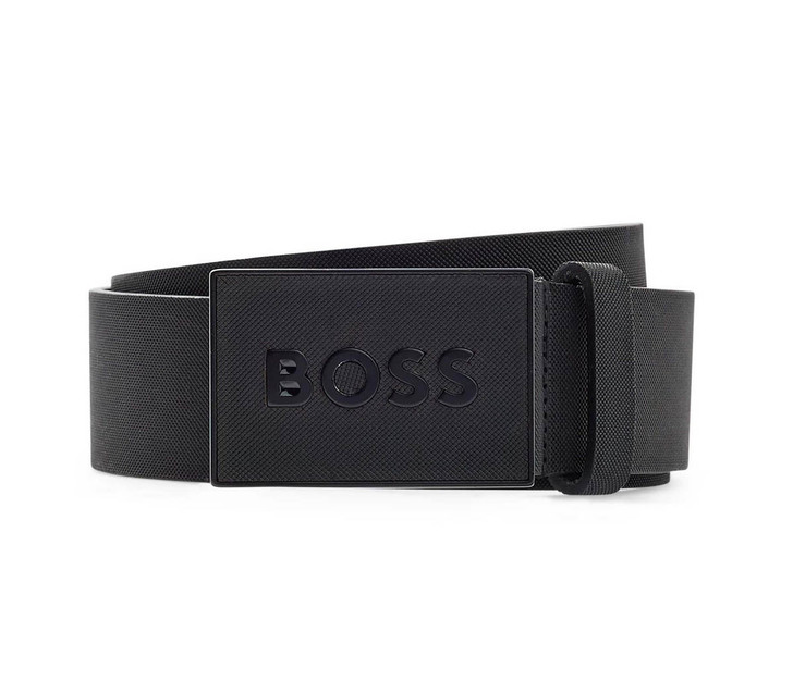 Hugo Boss Mens Belt Icon Plaque Buckle BOSS Leather Belt in Black