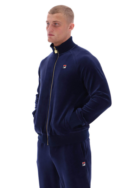 Fila Mens Track Jacket Velour FILA Vintage Gold Eddie Track Top in Navy Blue