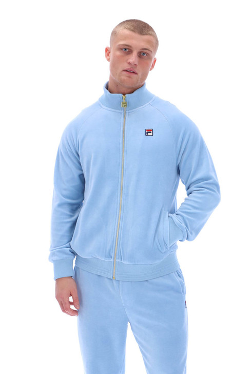 Fila Mens Track Jacket Velour FILA Vintage Gold Eddie Track Top in Light Blue