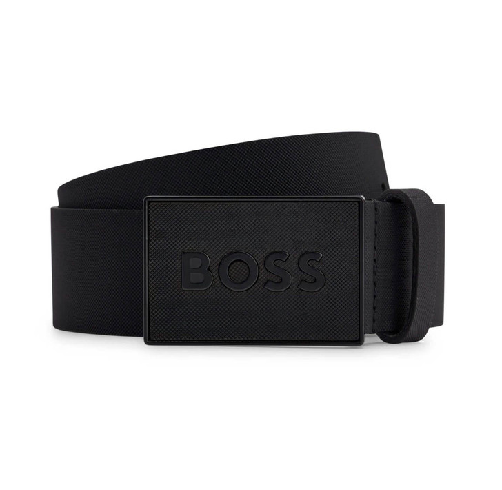 BOSS Mens Belt Hugo Boss Icon S1 Textured Plaque Buckle Italian Leather Belt in Black