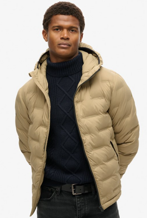 Superdry Mens Jacket Hooded Quilted Puffer Coat in Canyon Sand Brown