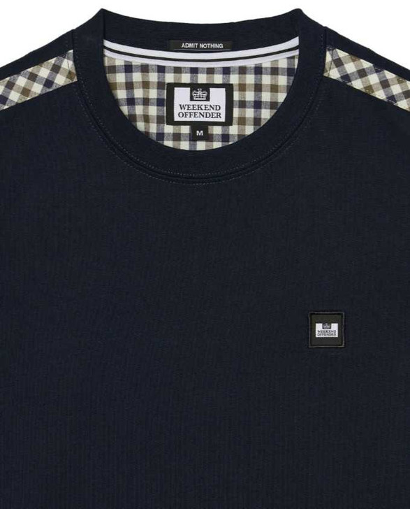 Weekend Offender Mens T-Shirt Check Trim Medea Tee in Navy Blue