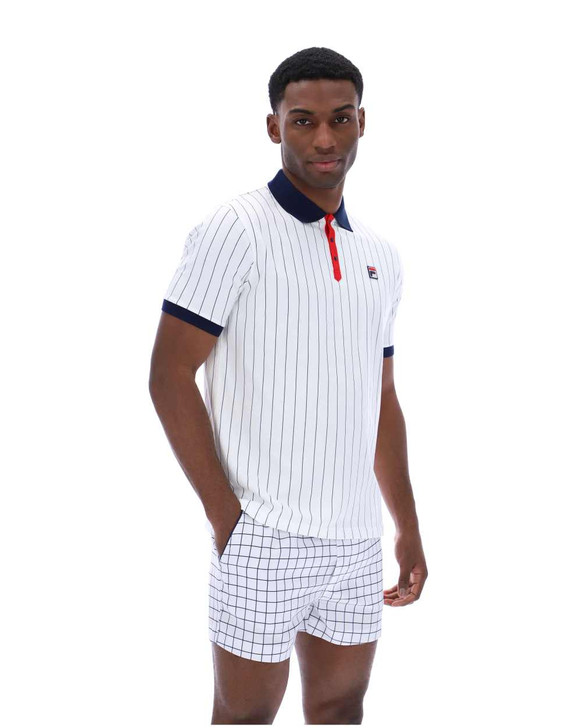 FILA Mens Polo Shirt BB1 80's Striped Polo in White / Fila Navy / Red