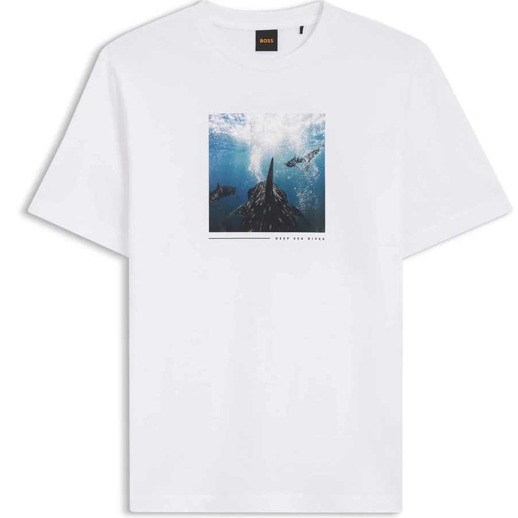 Boss Mens T-Shirt Creature Artwork Tee in White