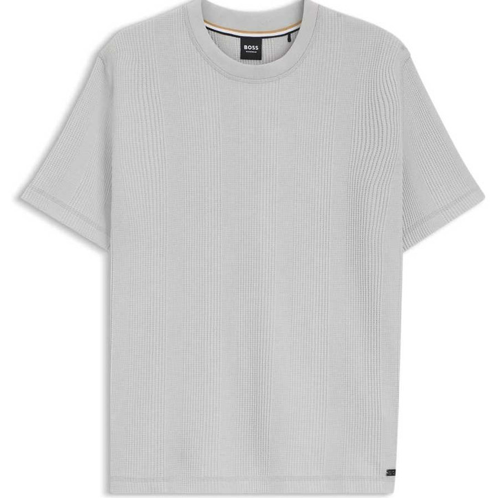 Boss Mens T-Shirt Waffle Structure Cotton Tee in Light Grey
