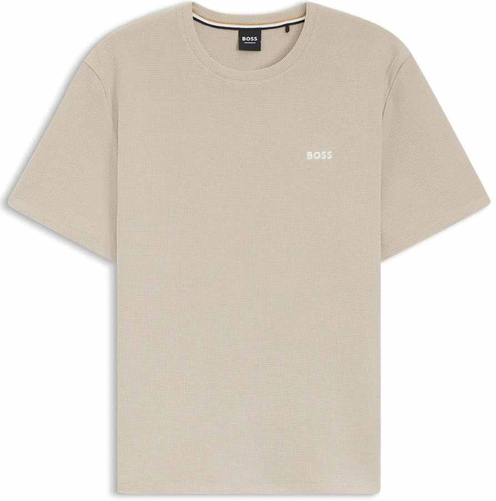 Boss Mens T-Shirt Waffle Structure Cotton Tee in Beige