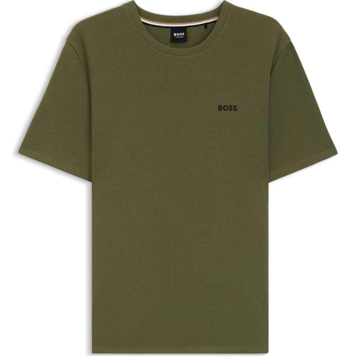 Boss Mens T-Shirt Waffle Structure Cotton Tee in Green