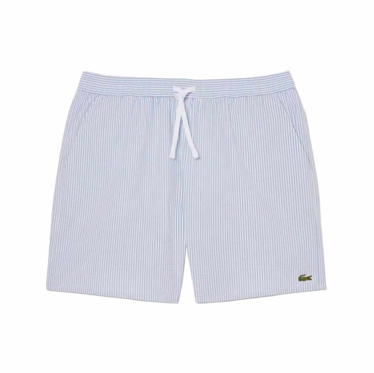 Lacoste Swim Shorts Mens Striped Mid Length Short in White / Light Blue
