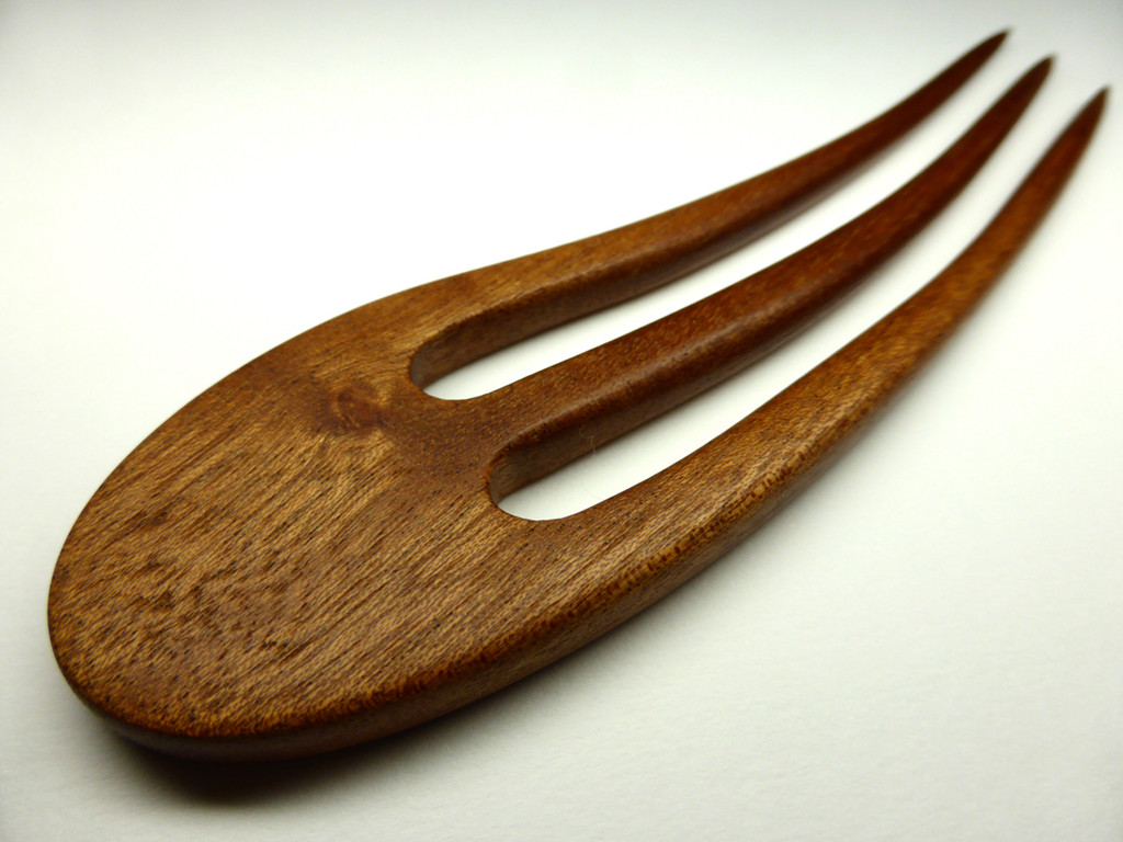 Three Pin Mahogany Hair Fork, Reclaimed Wood