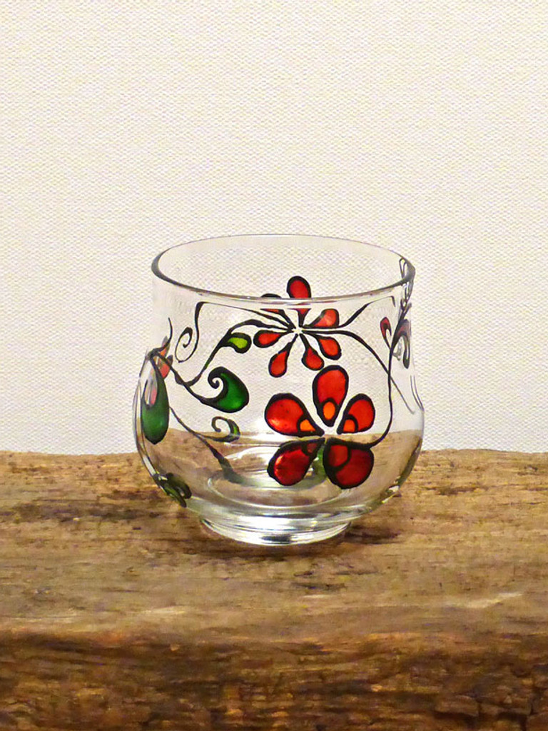 SOLD - Hand Painted Glass Candle Holder - Summer Flowers Design