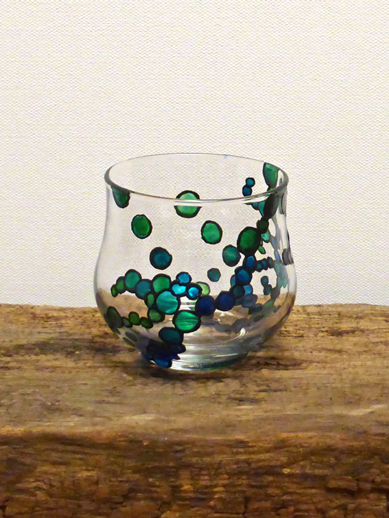 Hand Painted Glass Candle Holder - Violet Blue, Teal & Apple Mint Green Design