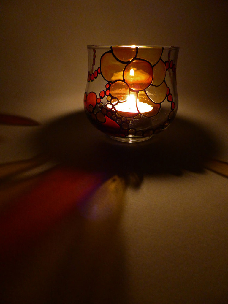 SOLD - Hand Painted Glass Candle Holder - Mandarin Orange Flower Design