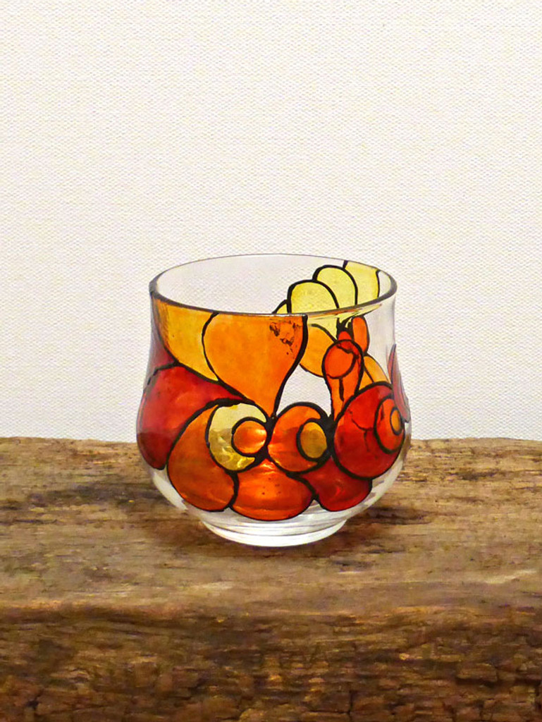 SOLD - Hand Painted Glass Candle Holder - Scarlet, Amber, Orange, Lemon & Crimson Design