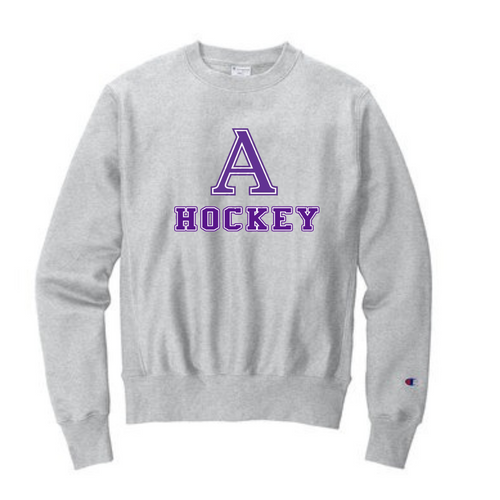 Champion Reverse Weave Crewneck Sweatshirt with Amherst Hockey Heat Press and Number on right sleeve