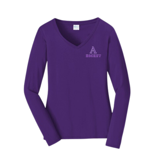 Port & Company Ladies Long Sleeve Fan Favorite V-Neck Tee with Amherst Hockey Heat Press