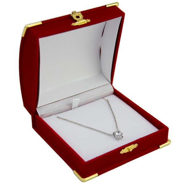 Red flocked pendant box with metal corners 8PRR JPB Jewelry Box