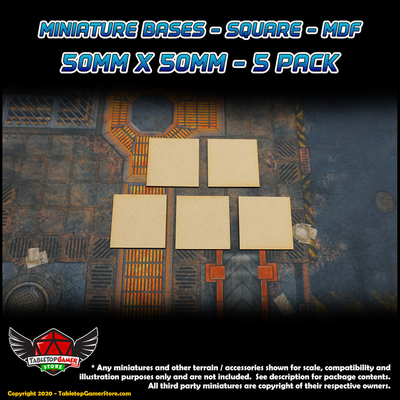 Miniature Bases - Square - MDF - 50mm x50mm - 5 Pack