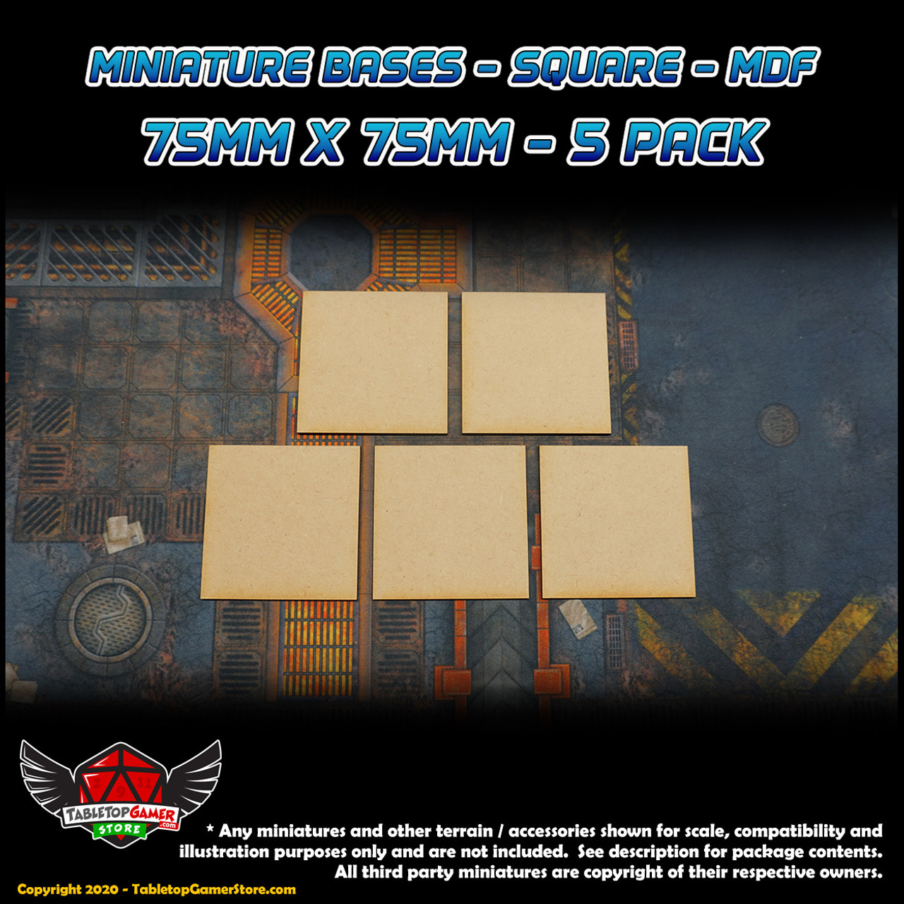 Miniature Bases - Square - MDF - 75mm x75mm - 5 Pack