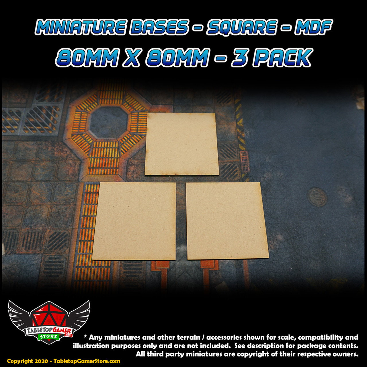 Miniature Bases - Square - MDF - 80mm x80mm - 3 Pack