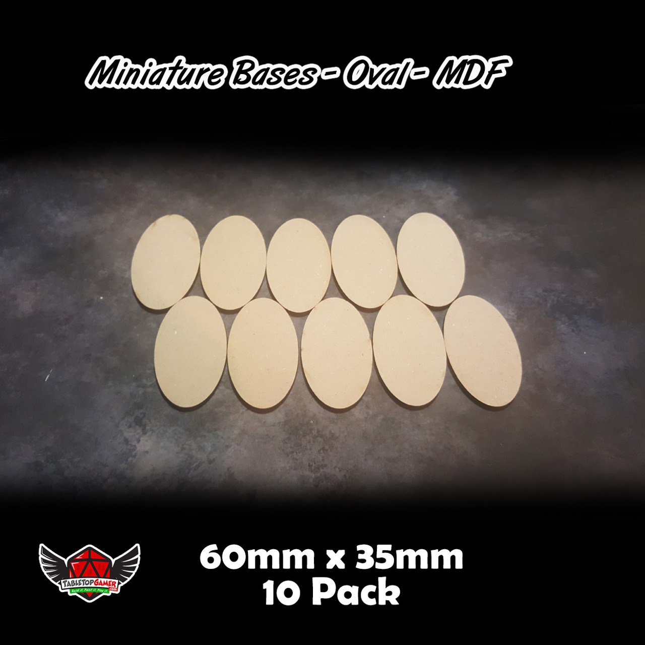 Miniature Bases - Oval - MDF - 60mm x 35mm - 10 Pack