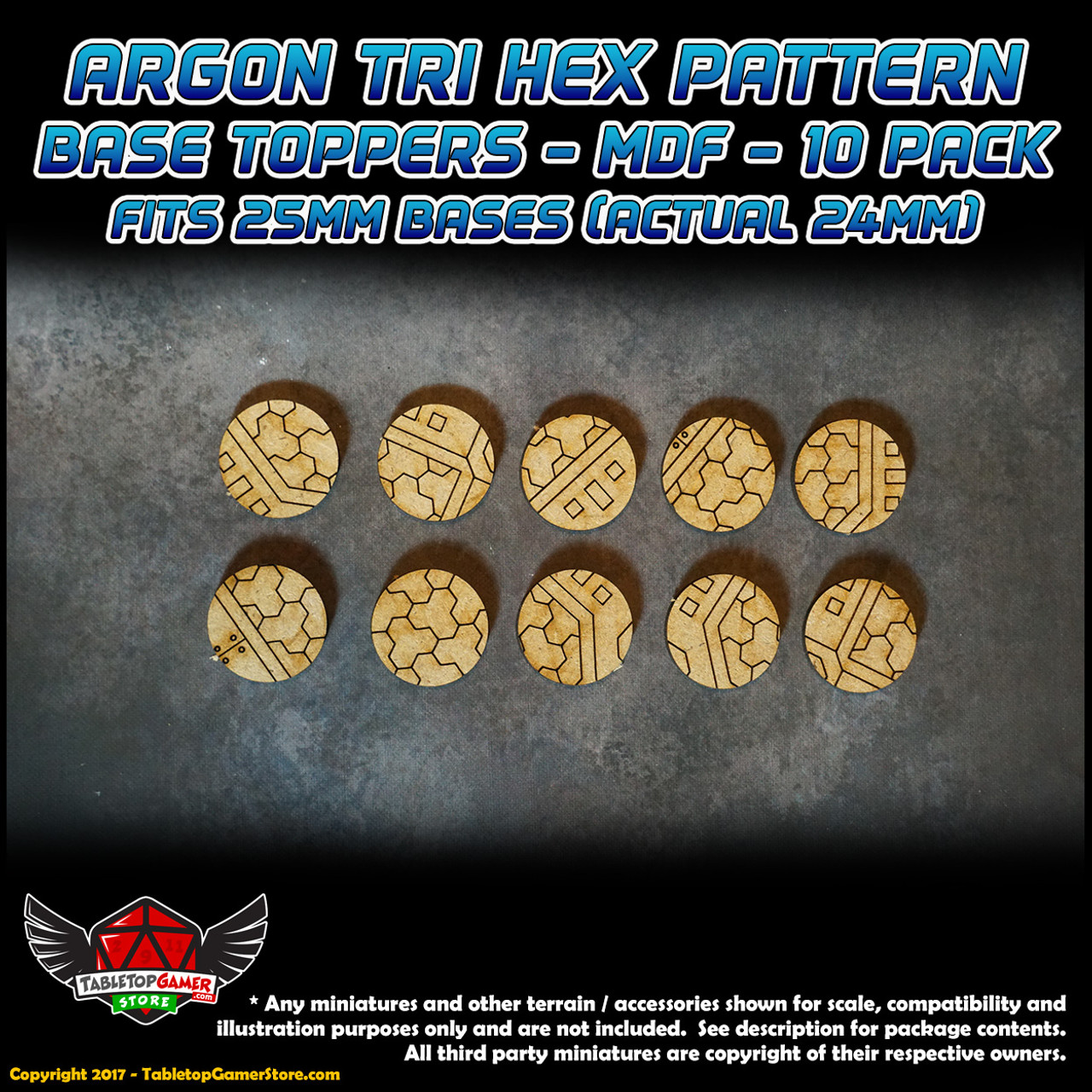 Argon Tri-Hex Pattern Base Toppers - Fits 25mm Bases - 24mm Actual - MDF - 10 Pack