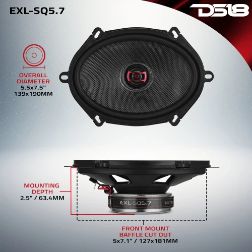 DS18 EXL-SQ5.7 5x7" 120W RMS 3-Ohm 2-Way Coaxial Speaker Infographics