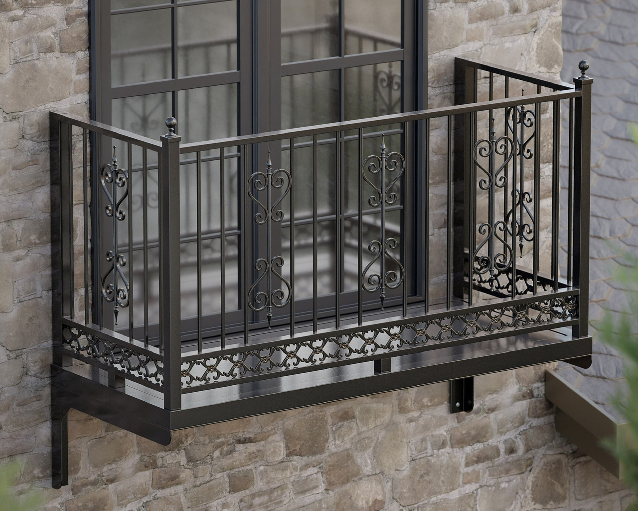 Mexican town style metal balcony. Beautiful Arrow and scroll