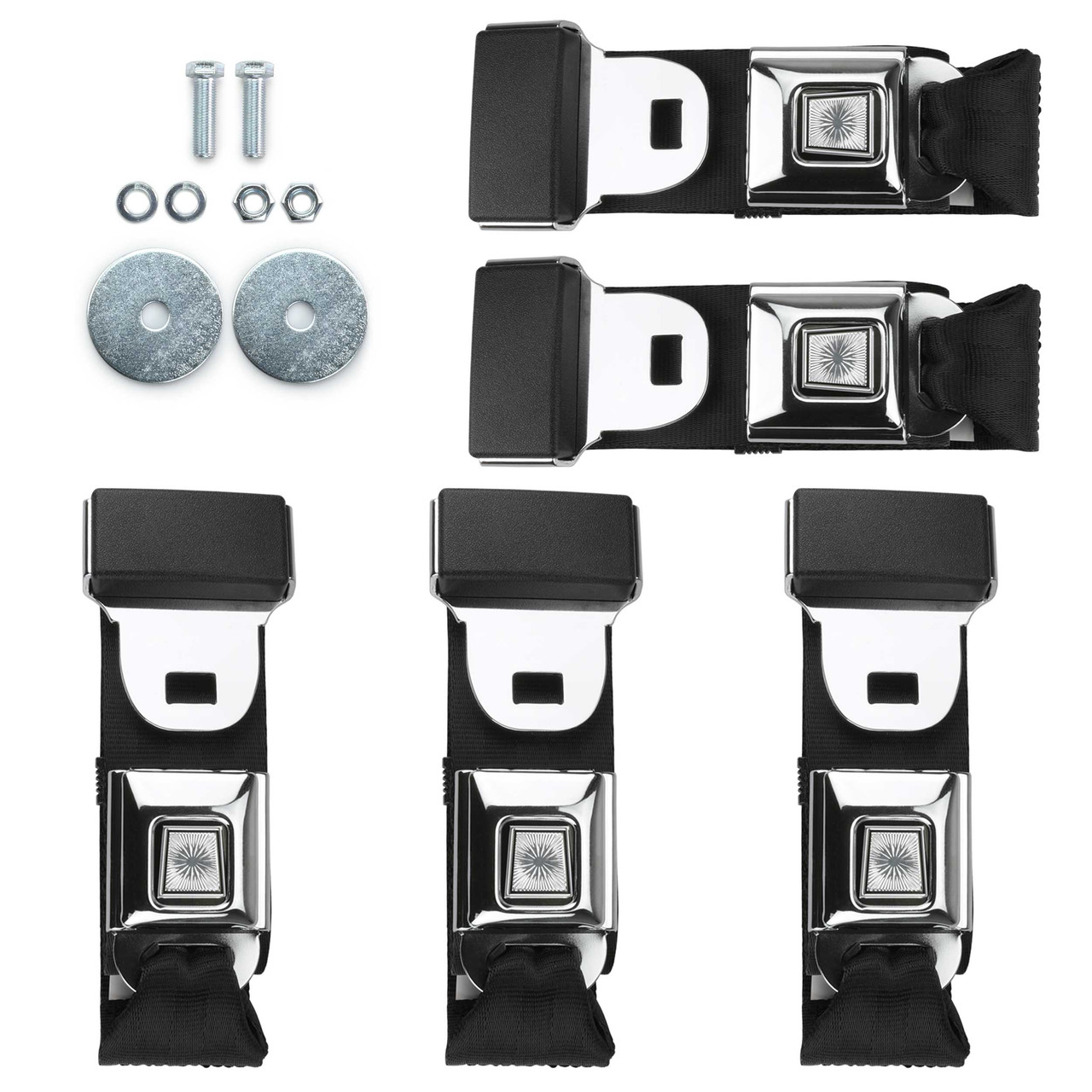 RetroBelt Universal 2-Point Lap Seat Belt Kit – Push Button – 5-Piece Fixed Front & Rear Set