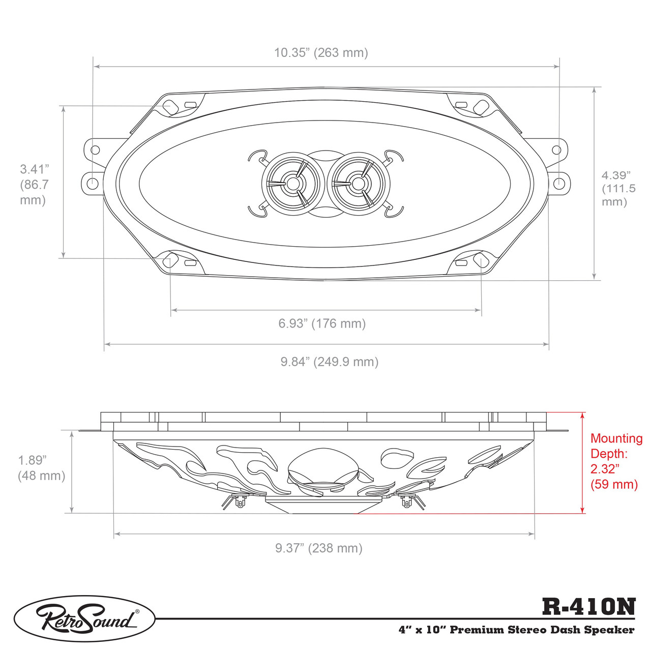 RetroSound Premium 4"x10" DVC Ultra-thin 2-way Dash Speaker - view 6