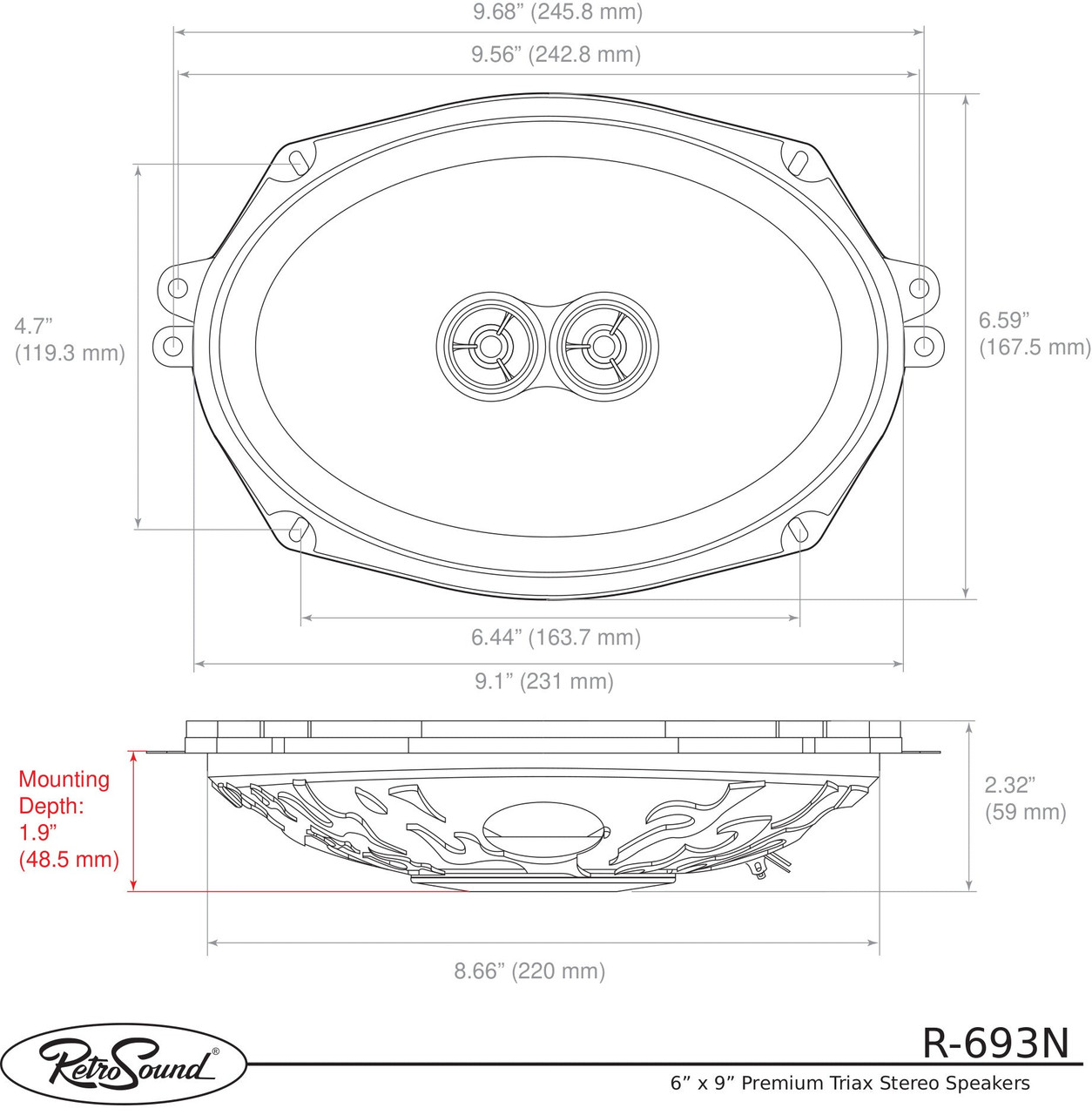 RetroSound 6"x9" 3-Way Premium Ultra-thin Dodge Ram 2500 Front Door Replacement Speakers - view 7
