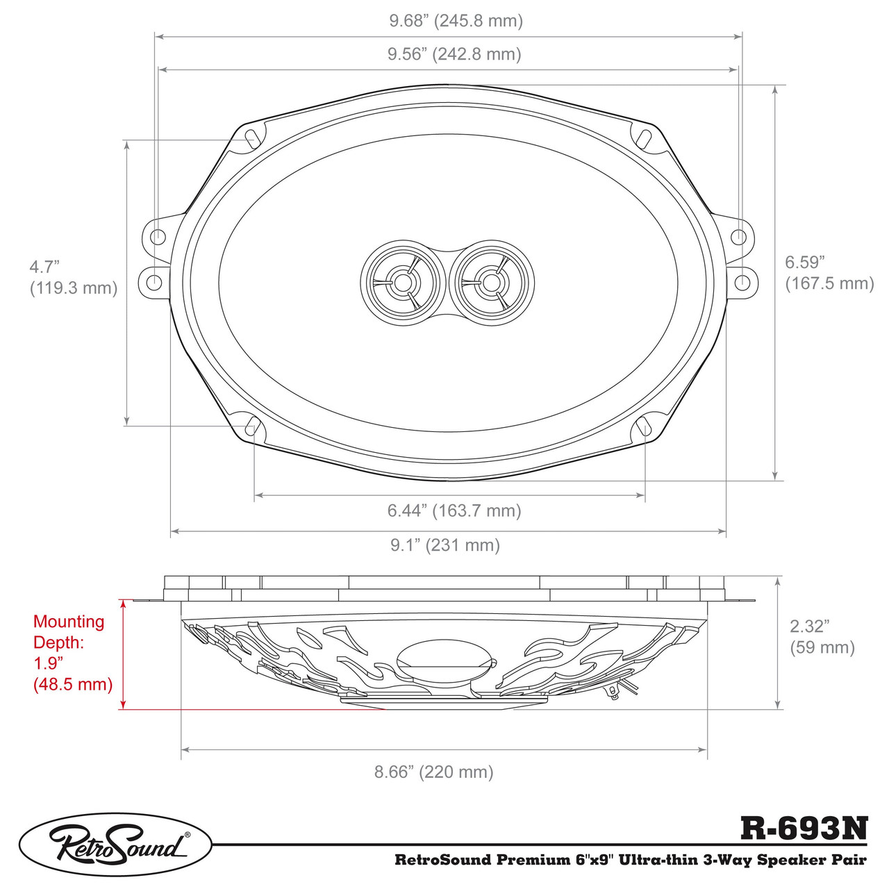 RetroSound 6"x9" 3-Way Premium Ultra-thin Dodge Stratus Rear Deck Replacement Speakers - view 7