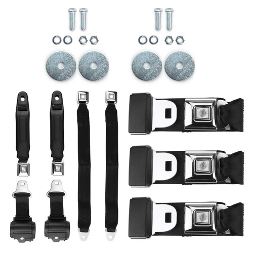 RetroBelt Universal 2-Point Lap Seat Belt Kit – Push Button – 2 Retractable Front, 3 Fixed Rear