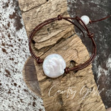 'Linda' Genuine Baroque Dollar Pearl and Leather Bracelet