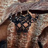 'Gabby' Double Layer Cork Leather Bull Head Sunflower Dangle Earrings