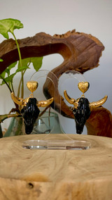 'Jane' Gold Stud Heart Drop Bullhead Earring - Black