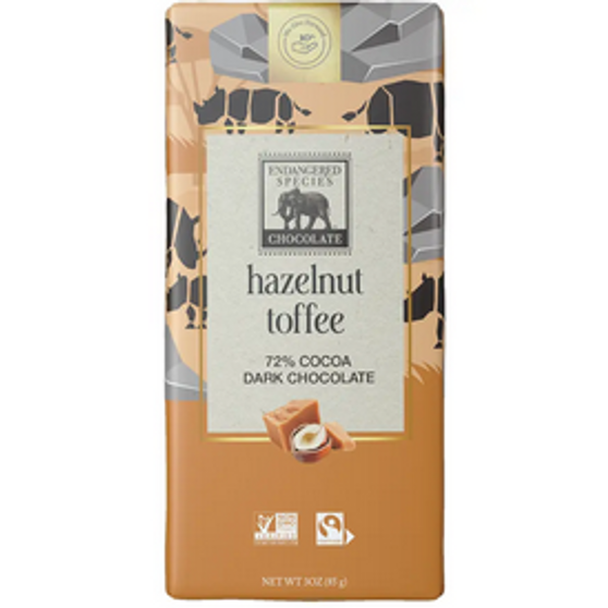 Endangered Hazelnut Toffee Dark 72% 3oz bar