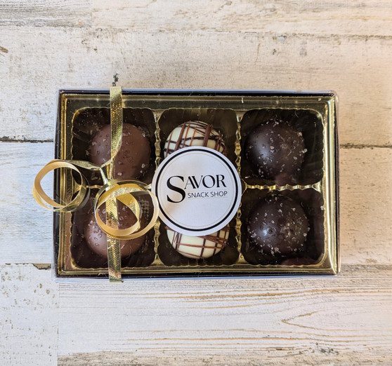 SAVOR Milk, White, Dark Chocolate Sea Salt Caramel Truffles Gift Box 6pc