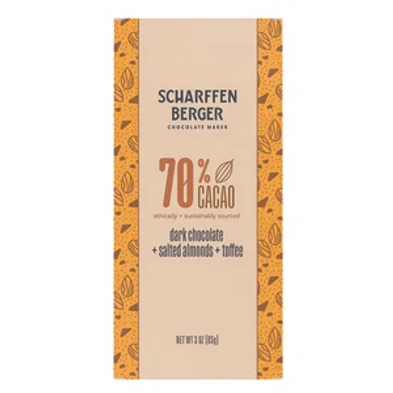 Scharffen Bar 70% Cacao DK Choc Salted Almonds Toffee 3oz