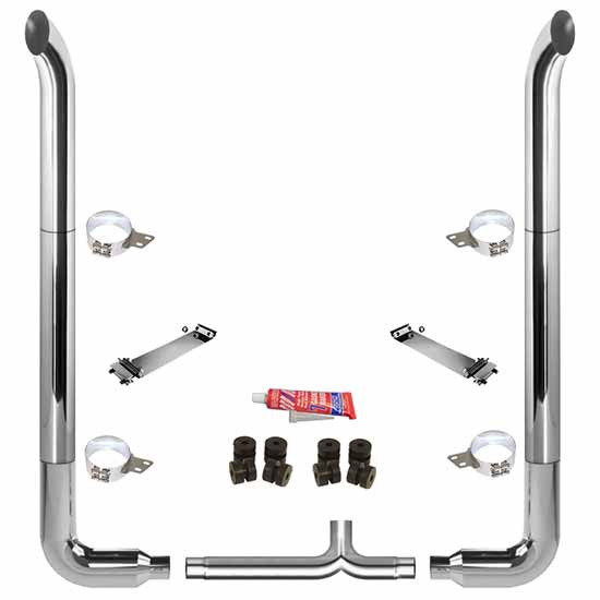 BESTfit 6-5 X 120 Inch Chrome Exhaust Kit W/  West Coast Turn Top Stack  Long 90S & Chrome Tapered Y-Pipe 6 Inch Taper Lock Chrome Tee Peterbilt 378, 379, 389 Glider (1987-2003) 52 Inch Standard Spool Only Non-Unibilt