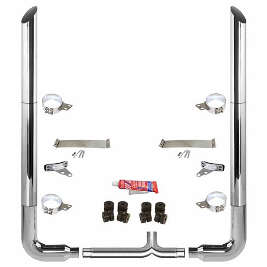 BESTfit 7-5 X 102 Inch Chrome Exhaust Kit W/  Miter Cut Top Stack  Long 90S & Chrome Tapered Y-Pipe 5 Inch Taper Lock Chrome Tee For Peterbilt 357, 378, 379, 389 Glider