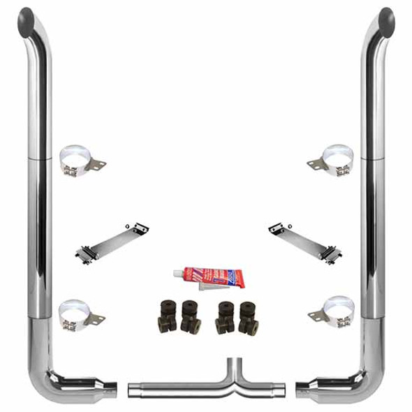 BESTfit 8 X 108 Inch Chrome Exhaust Kit W/  West Coast Turn Top Stack  8 Inch 90 Degree Elbow & Y-Pipe 8 Inch Taper Lock Chrome Tee Peterbilt (1987-2003) 52 Inch Quiet Spools Non-Unibilt