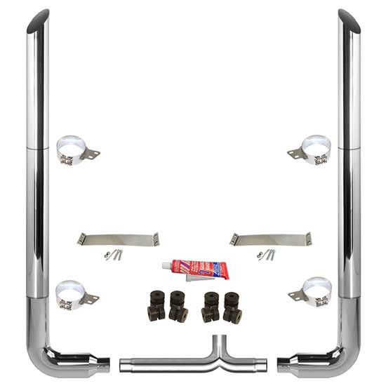 BESTfit 7-5 X 114 Inch Chrome Exhaust Kit W/  Miter Cut Top Stack  Long 90S & Chrome Tapered Y-Pipe 5 Inch Taper Lock Chrome Tee For Peterbilt 357, 378, 379, 389 Glider