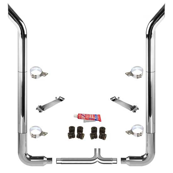 BESTfit 6 X 96 Inch Chrome Exhaust Kit W/  Bull Hauler Turn Top Stack  Long 90S & 6 Inch Y-Pipe 6 Inch Taper Lock Chrome Tee Peterbilt 378, 379, 389 Glider (1987-2003) 52 Inch Standard Spool Only Non-Unibilt