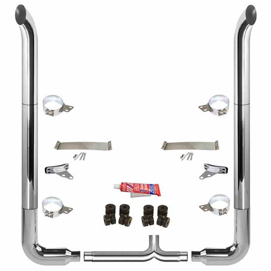 BESTfit 6-5 X 108 Inch Chrome Exhaust Kit W/  West Coast Turn Top Stack  Long 90S & Chrome Tapered Y-Pipe 5 Inch Taper Lock Chrome Tee Peterbilt 378, 379, 389 Glider (2005-Newer) 55 Inch Standard Spool Only Unibilt