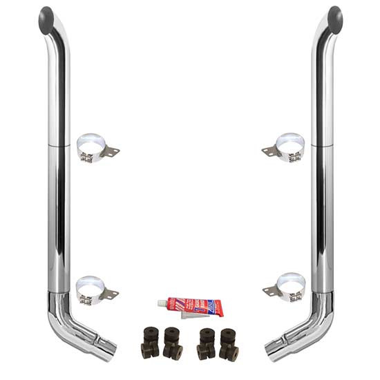 BESTfit 7-5 X 102 Inch Chrome Exhaust Kit W/  West Coast Turn Top Stack  OE Style Elbows  Peterbilt 378, 379, 389 Glider (2005-Newer) 55 Inch Standard Spool Non-Unibilt