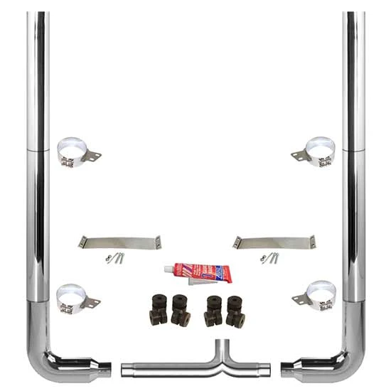 BESTfit 7-5 X 102 Inch Chrome Exhaust Kit W/  Flat Top Top Stack  Long 90S & Chrome Tapered Y-Pipe 5 Inch Taper Lock Chrome Tee For Peterbilt 357, 378, 379, 389 Glider