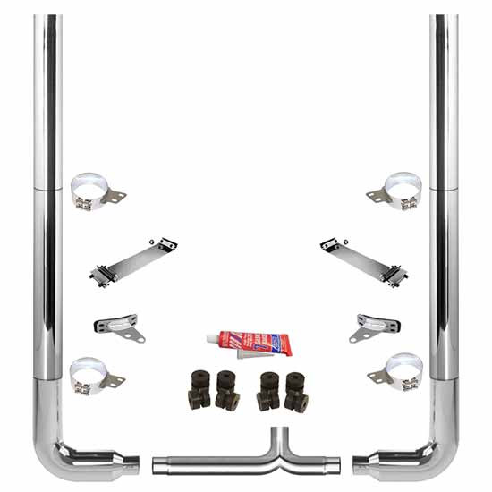BESTfit 7-5 X 102 Inch Chrome Exhaust Kit W/  Flat Top Top Stack  Long 90S & Chrome Tapered Y-Pipe 7 Inch Taper Lock Chrome Tee For Peterbilt 357, 378, 379, 389 Glider
