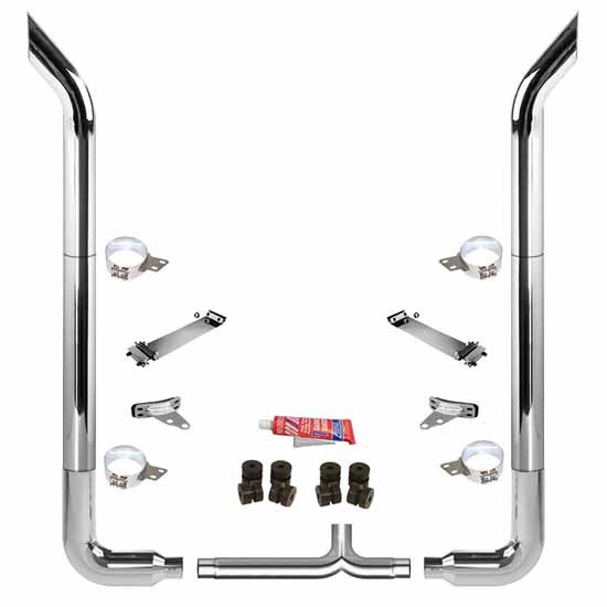 BESTfit 7-5 X 108 Inch Chrome Exhaust Kit W/  Bull Hauler Turn Top Stack   Long 90S & 7 Inch Y-Pipe 7 Inch Taper Lock Chrome Tee Peterbilt (2005-Newer) 55 Inch Quiet Spools Unibilt